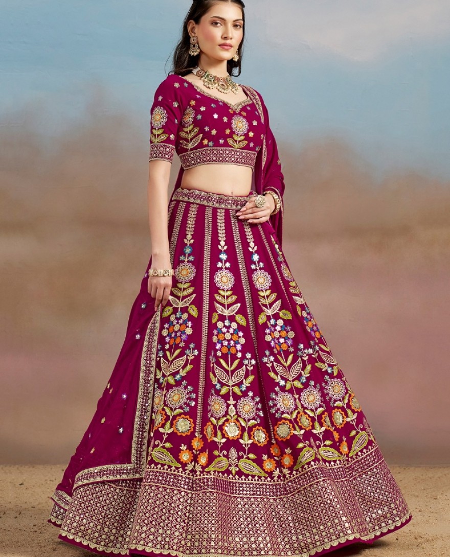 6008-PINK - Stunning Pink Thread Work Georgette Engagement Wear Lehenga With Blouse